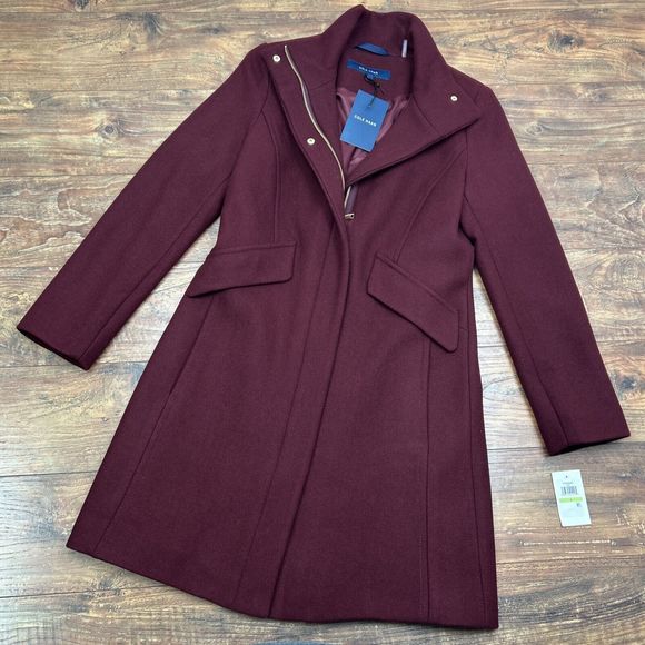 COLE HAAN WOMENS NEW WOOL BLEND COAT W/POCKETS MAROON PEA‎ COAT SZ 4 NWT ZIP UP - Picture 1 of 11